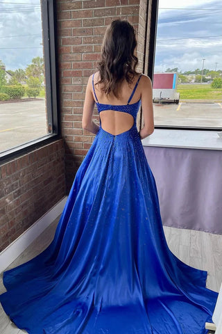 Charming V Neck A Line Satin Long Prom Dresses with Beading