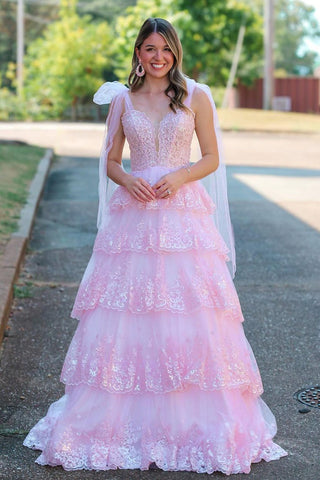 Fairy V Neck Pink Tulle A Line Long Prom Dresses with Appliques