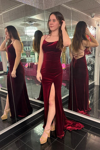Mermaid Burgundy Scoop Neck Velvet Long Prom Dresses with Slit