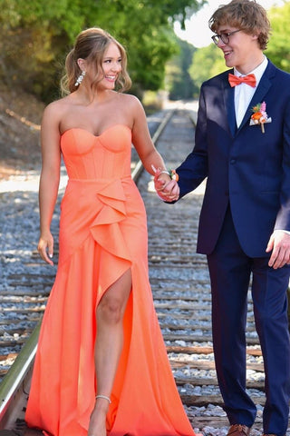 Cute Orange Mermaid Sweetheart Satin Long Prom Dress with Slit