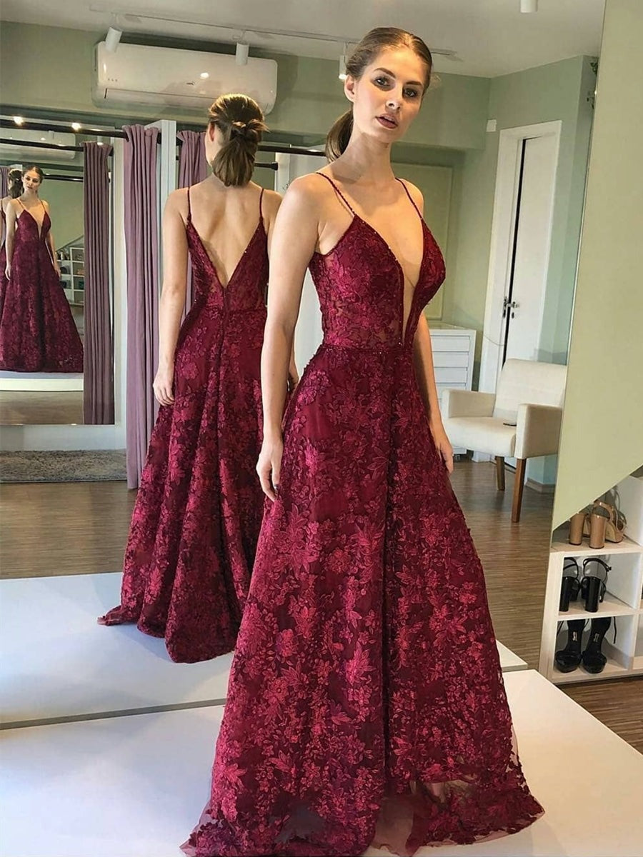Deep V Neck and V Back Lace Long Prom, Open Back Formal, Evening Dresses