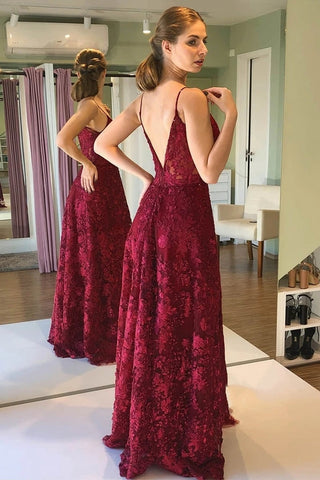 Deep V Neck and V Back Lace Long Prom, Open Back Formal, Evening Dresses