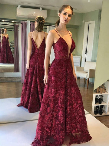 Deep V Neck and V Back Lace Long Prom, Open Back Formal, Evening Dresses