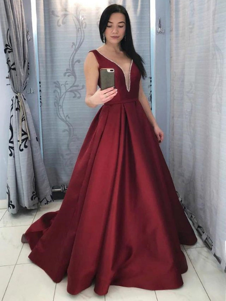 Backless Deep V Neck  Satin Long Prom, Formal,Evening Dresses