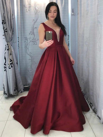 Backless Deep V Neck  Satin Long Prom, Formal,Evening Dresses