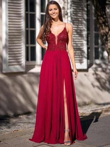 Deep V Neck Lace Long Prom with Slit, Formal Graduation Evening Dresses