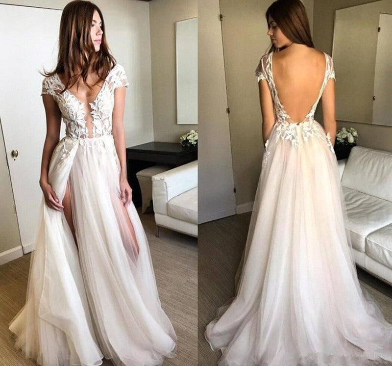 Deep V Neck Cap Sleeves Backless Tulle Lace Prom Dress with Appliques