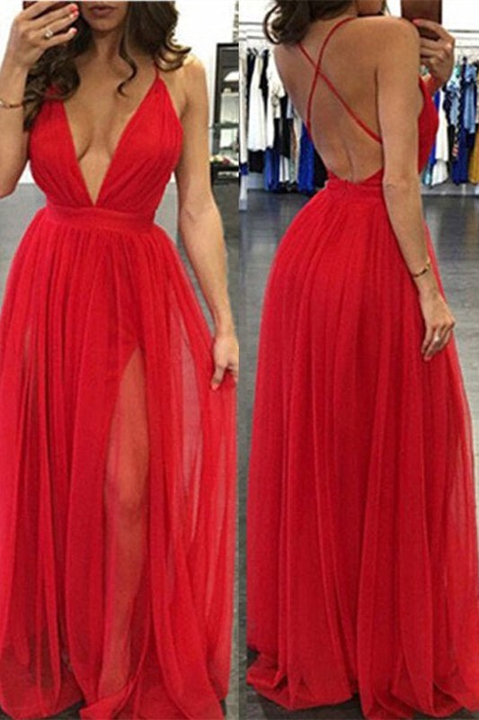 Long Deep V-Neck  Prom Dress With Slit