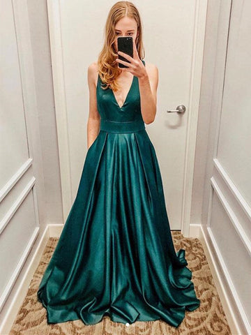 Deep V Neck Open Back  Satin Long Prom,Formal Graduation Evening Dresses