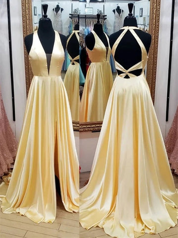 Deep Open Back V Neck  Long Prom with Leg Slit,  Formal Graduation Evening Dresses