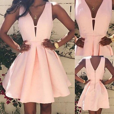 Deep V Neck Short Satin Prom Dress