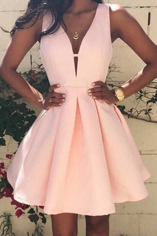 Deep V Neck Short Satin Prom Dress