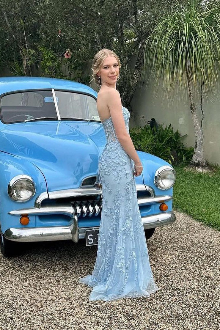 Charming Strapless Blue Tulle Long Mermaid Prom Dress with Appliques