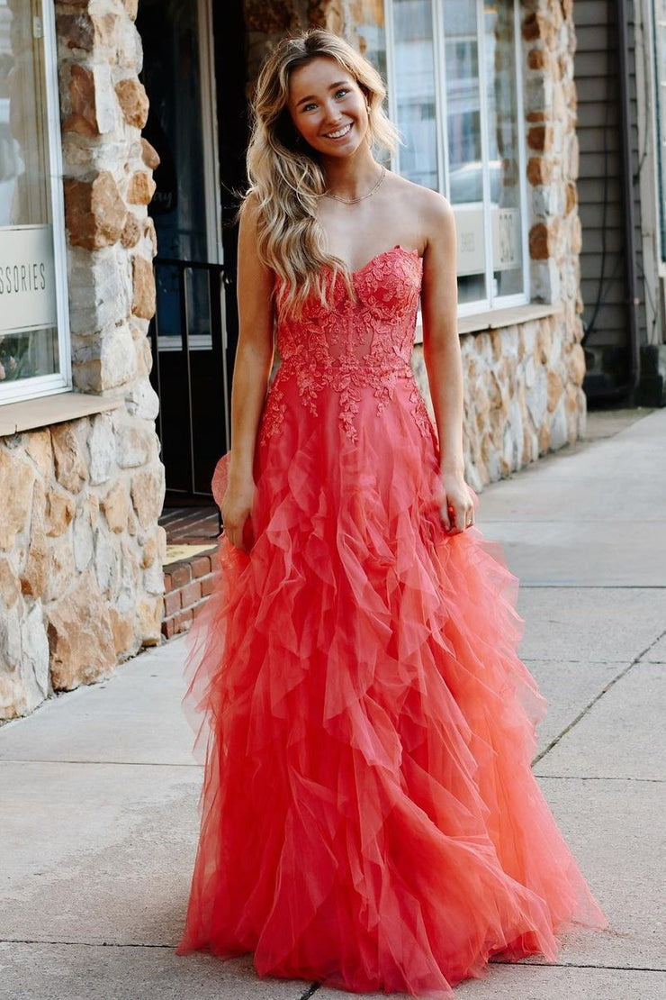 Cute Strapless Coral Ruffle Tulle  A-Line Long Prom Dress with Appliques
