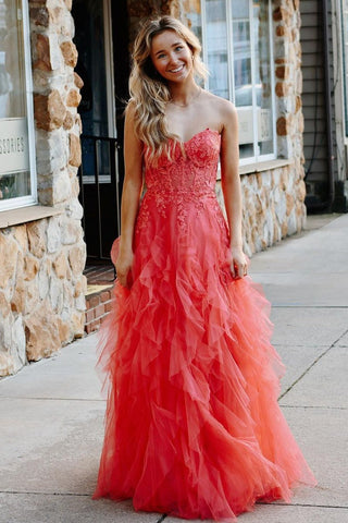 Cute Strapless Coral Ruffle Tulle  A-Line Long Prom Dress with Appliques