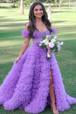 A Line Long Tiered Tulle Sweetheart   Prom Dress With Slit