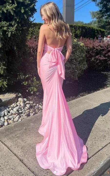 Cute Halter Pink Elastic Satin Long Mermaid Prom Dress