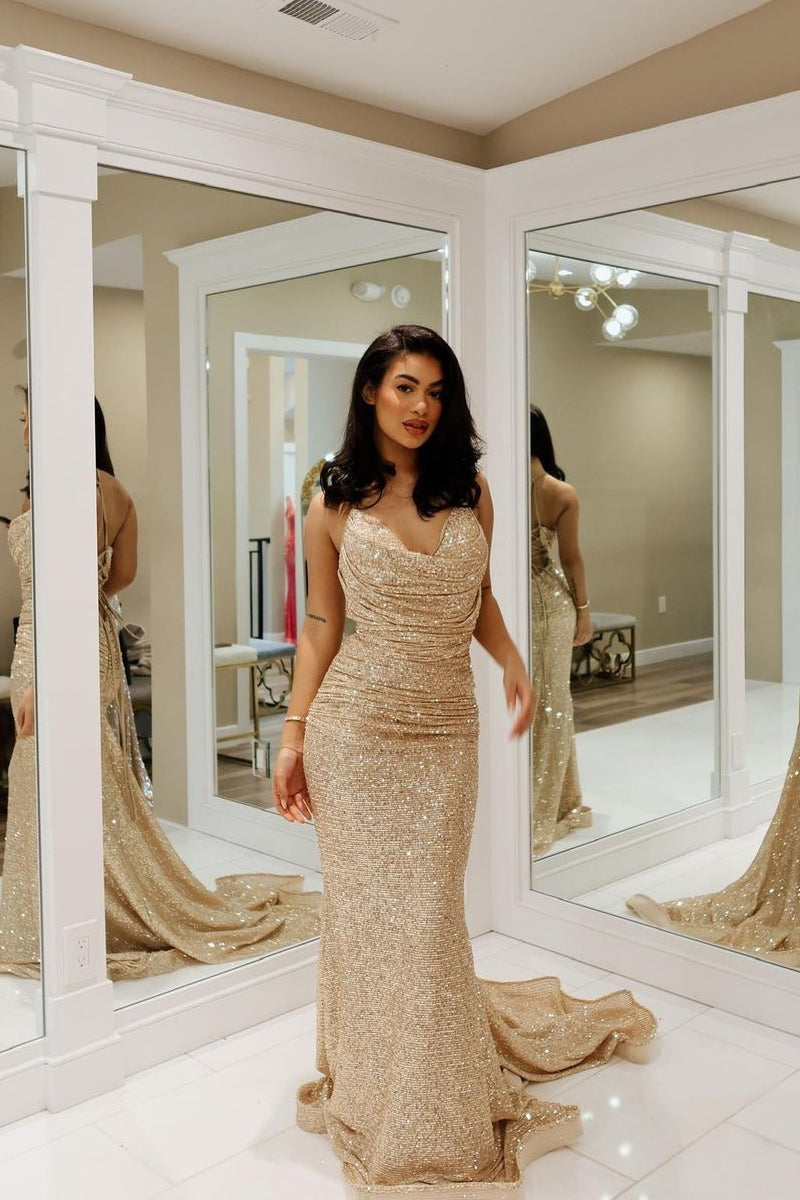 Mermaid Gold Cowl Neck Sequins Long Prom Dresses