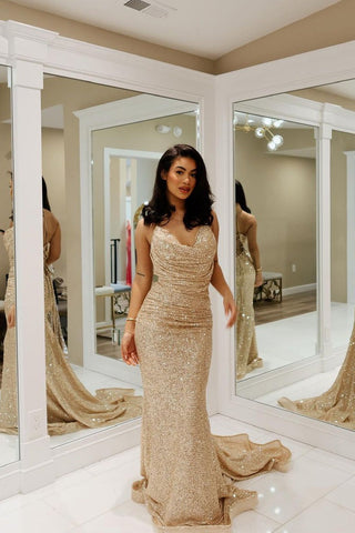 Mermaid Gold Cowl Neck Sequins Long Prom Dresses