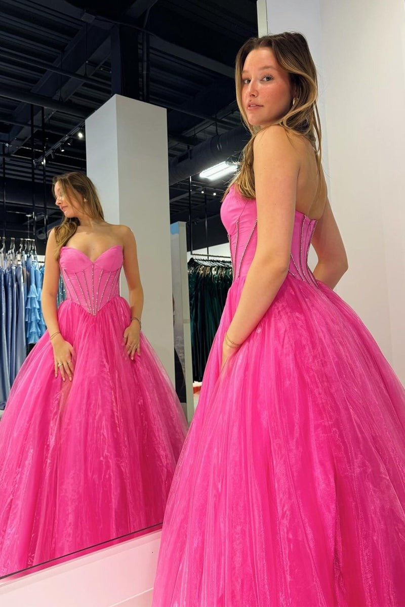 A-Line Pink Strapless Organza Long Prom Dresses with Beading