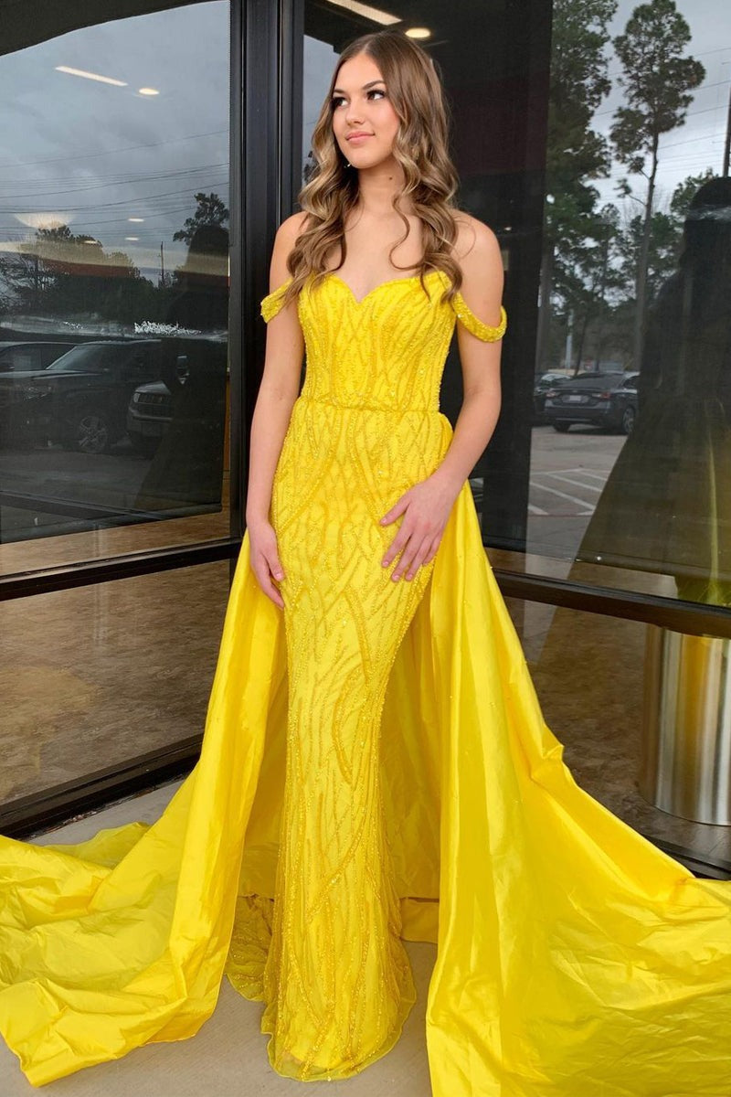 Yellow Sequin Off the Shoulder Long Prom Dresses with Detachable Train