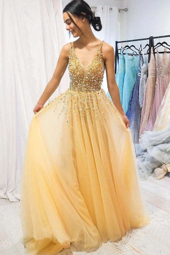 Yellow V Neck Beading Tulle Prom Dresses Spaghetti Straps A Line Long Cheap Formal Dress