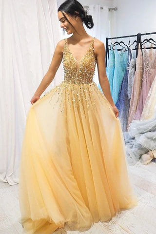Yellow V Neck Beading Tulle Prom Dresses Spaghetti Straps A Line Long Cheap Formal Dress