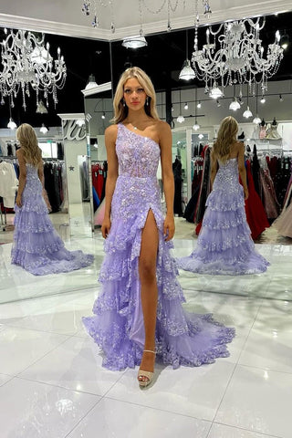 Cute One Shoulder Lilac Ruffle A Line Long Prom Dress with Appliques