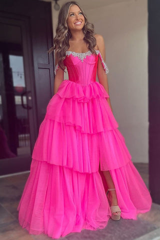 Cute Off the Shoulder Hot Pink Tulle A Line Long Prom Dresses with Beading