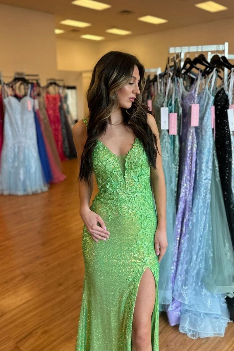 Cute V Neck Mermaid Green Sequin Mermaid Long Prom Dresses with Appliques