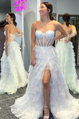 Glitter Corset Ruffle Tiered Tulle Long Prom Dress with Slit
