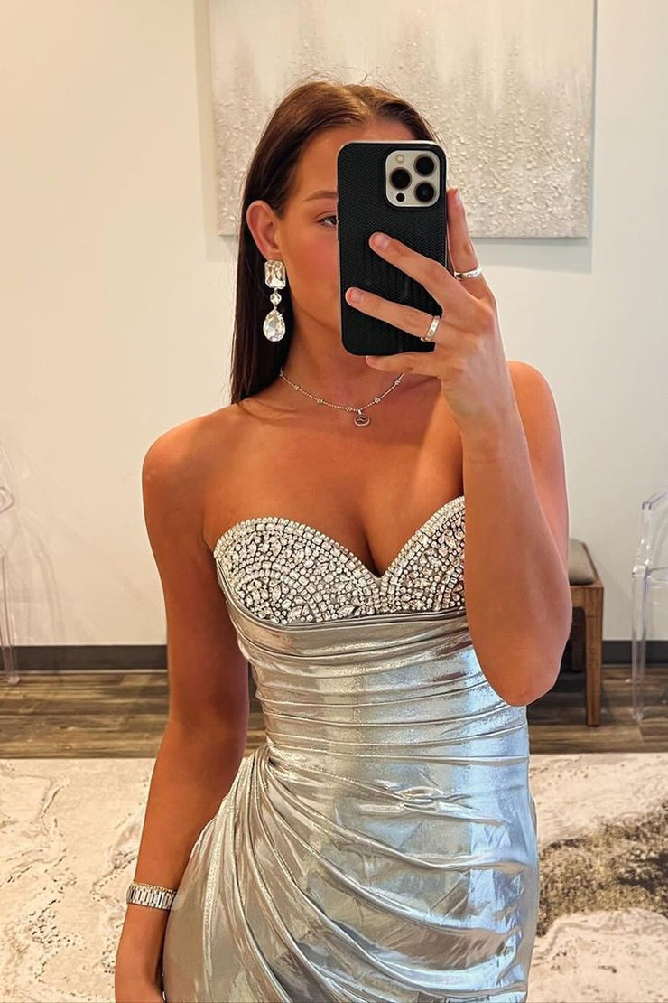 Simple Strapless Silver Satin Long Mermaid Prom Dress with Slit