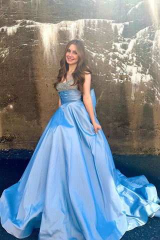 Pretty Beaded Light Blue Satin A Line Prom Dress with Bow
