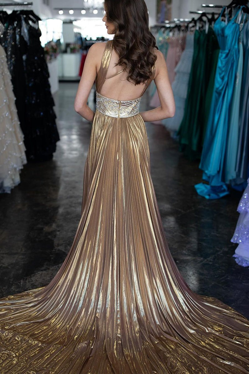 Halter Pleated Satin Long Gold Prom Dress with Beading