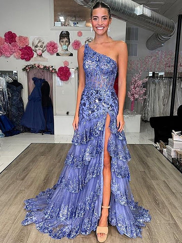 Tiered Lace Sheath One Shoulder  Long Prom Dress