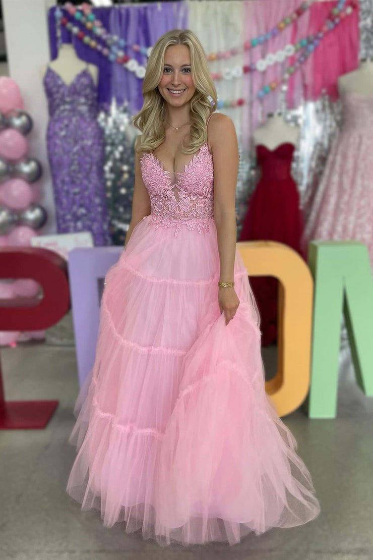 Spaghetti Straps Pink Tulle A-Line Long Prom Dress with Appliques