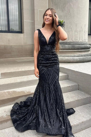 Charming V Neck Black Sequins Long Mermaid Prom Dresses