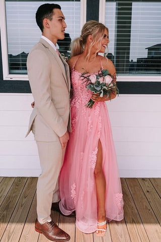 Elegant A-Line Backless Long Tulle Lace Prom Dress With Slit