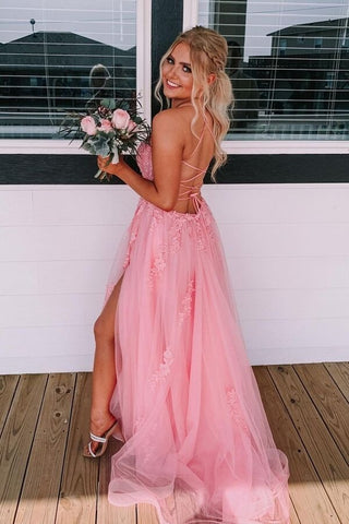 Elegant A-Line Backless Long Tulle Lace Prom Dress With Slit