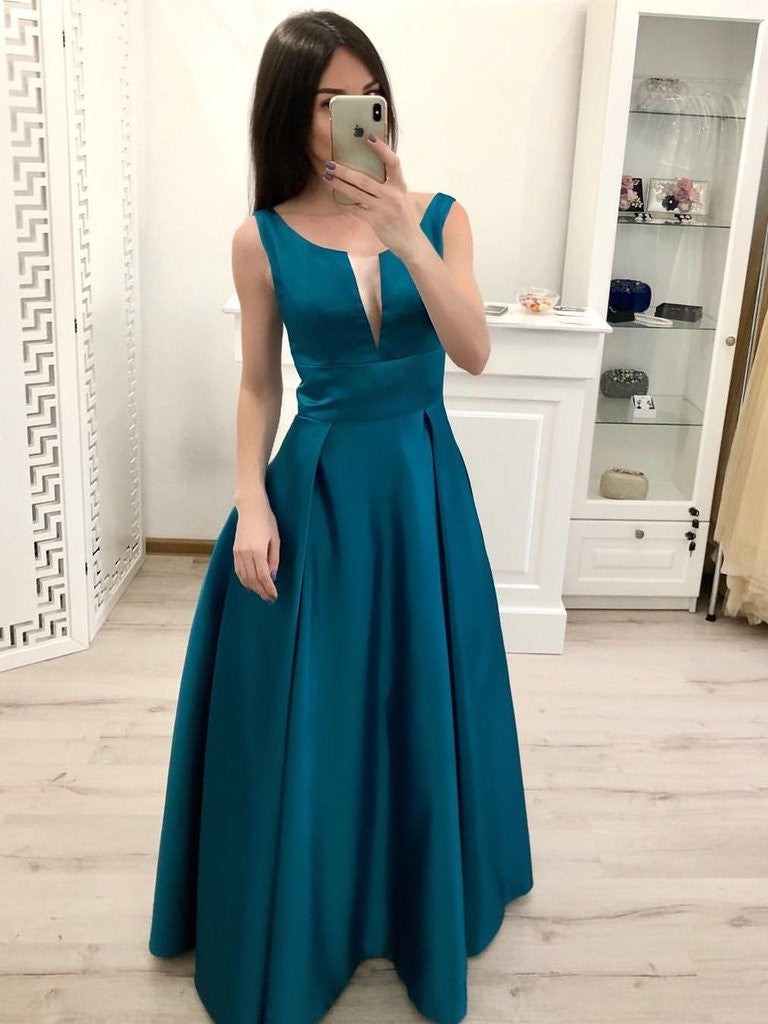 Elegant A Line Satin Long Pleated Prom Dress