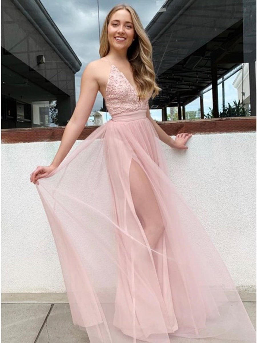 A Line V Neck Lace Long Prom with Slit, Formal Graduation Evening Dresses