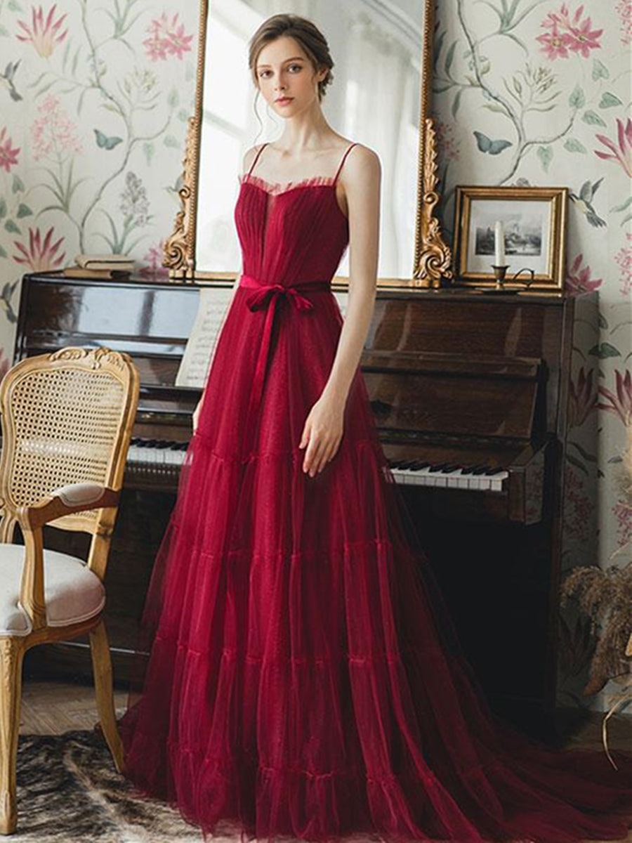 Elegant Burgundy Long Tulle Prom, Formal Graduation Evening Dresses