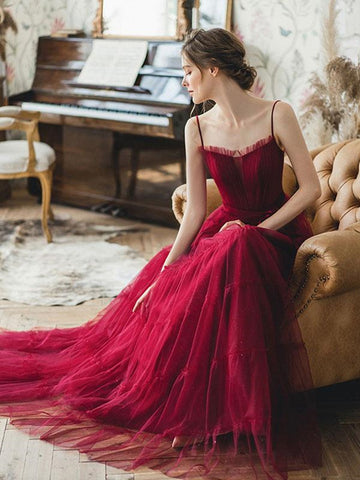 Elegant Burgundy Long Tulle Prom, Formal Graduation Evening Dresses