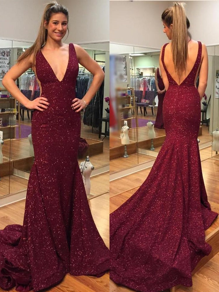 Elegant Mermaid Backless Burgundy V Neck Sequins Long Prom with Sweep Train,  Formal Evening Dresses