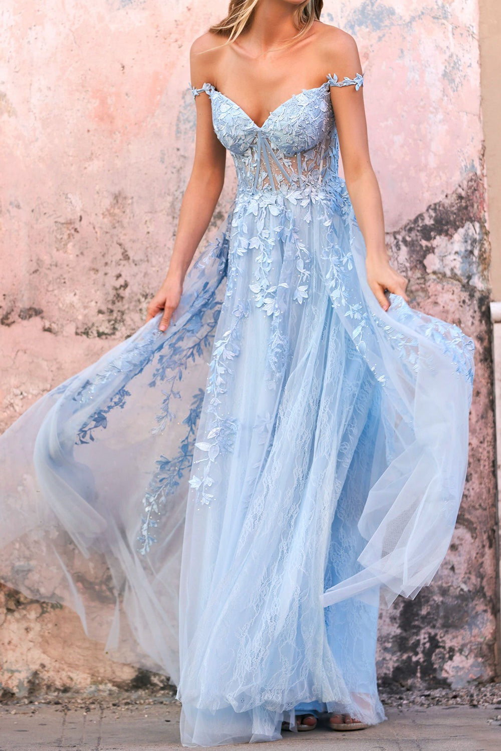 Off-the-shoulder Elegant Floral Lace Tulle Prom Dress