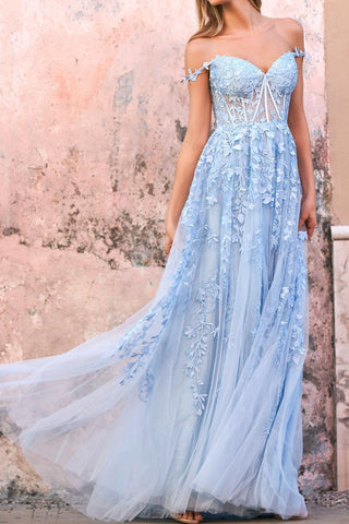 Off-the-shoulder Elegant Floral Lace Tulle Prom Dress