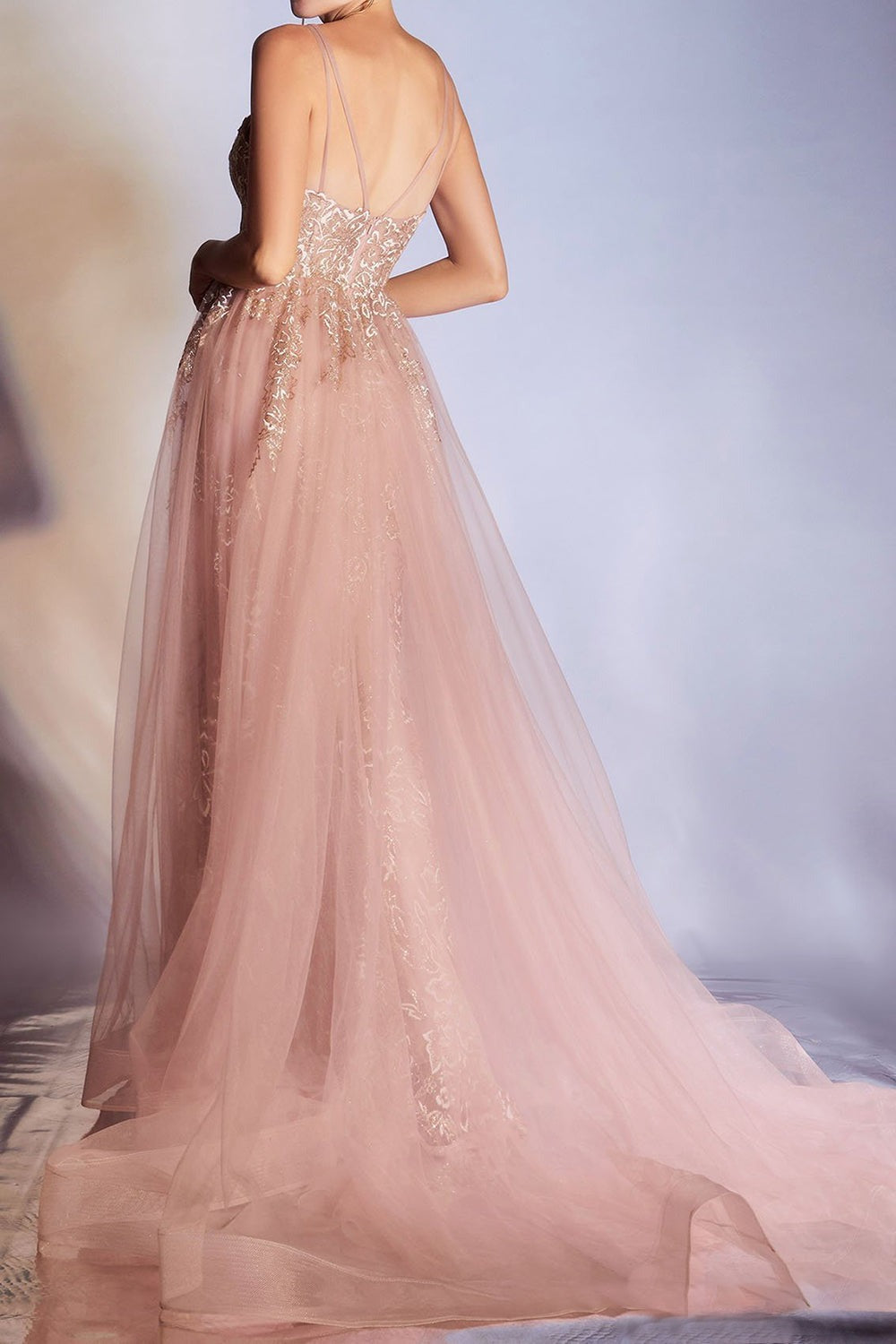 Elegant Tulle  Floral Lace Spaghetti Strapes Prom Dress