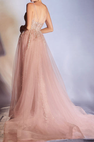 Elegant Tulle  Floral Lace Spaghetti Strapes Prom Dress