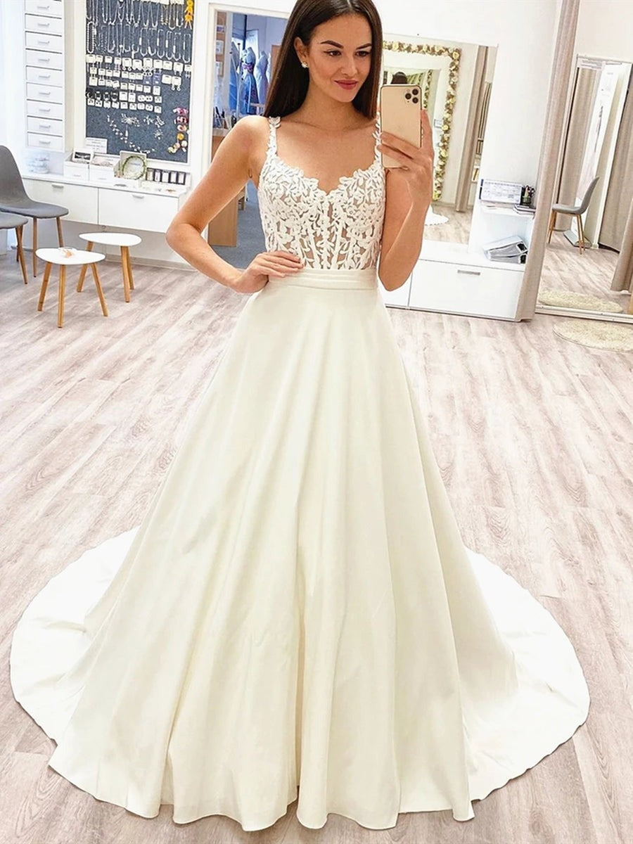 Elegant Long  Lace Wedding with Train, Prom Formal Evening Dresses