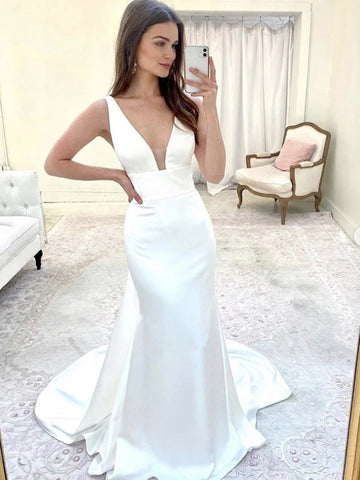 Mermaid V Neck Satin Long Prom,Formal,Evening Dresses